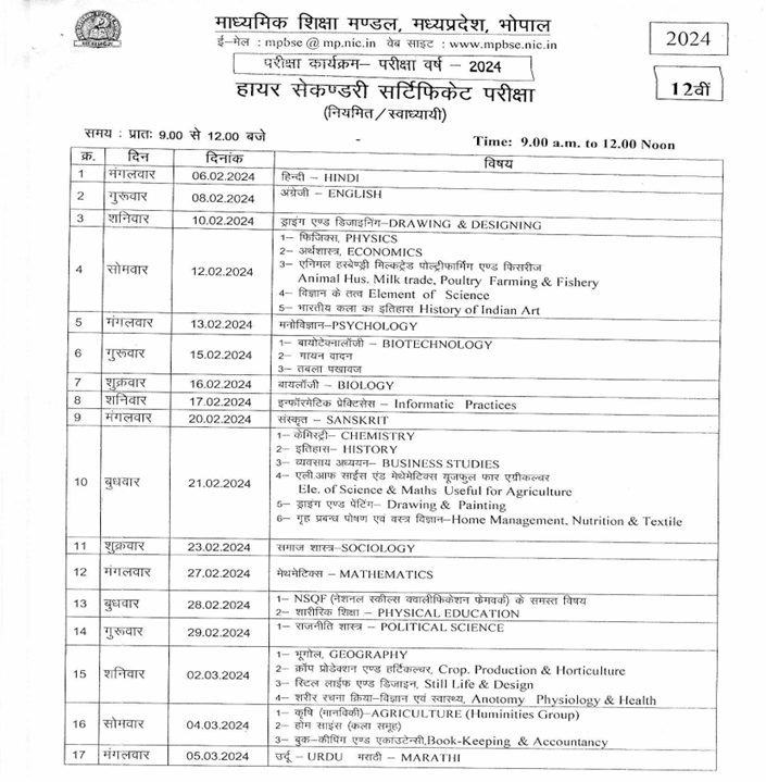 MP Board 12 Time Table